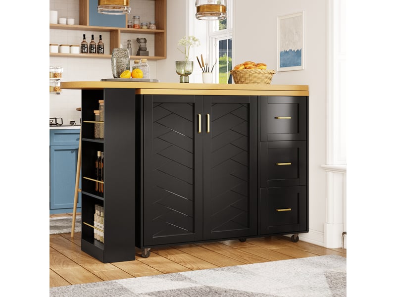 Meuble bar extensible avec 2 portes, 3 tiroirs, 1 panier et roulettes, pour cuisine et salon, 135 × 39 × 104 cm - Conforama C