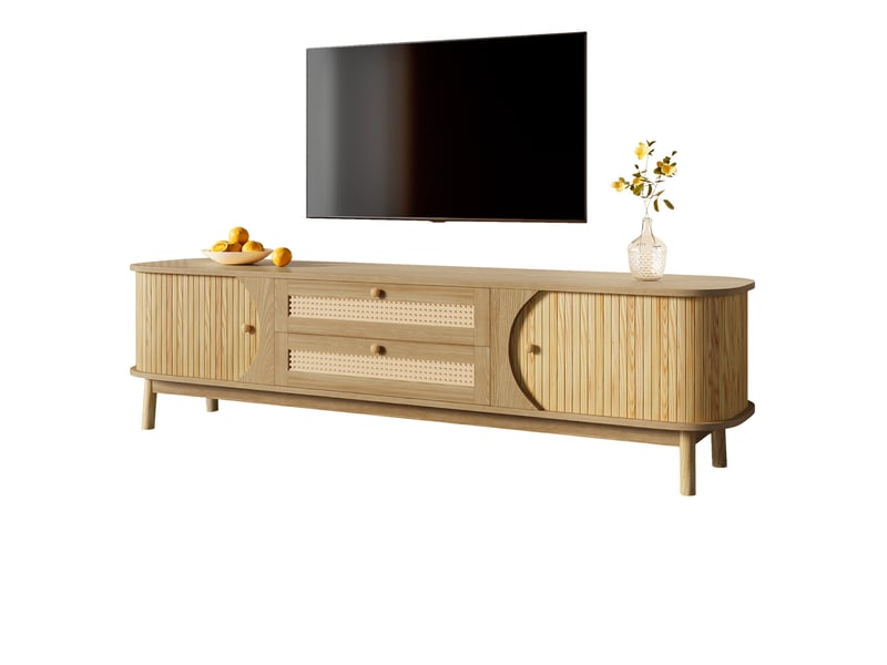  Meuble tv bois massif et rotin naturel 170 cm avec portes coulissantes et tiroirs, style rustique  - Conforama A