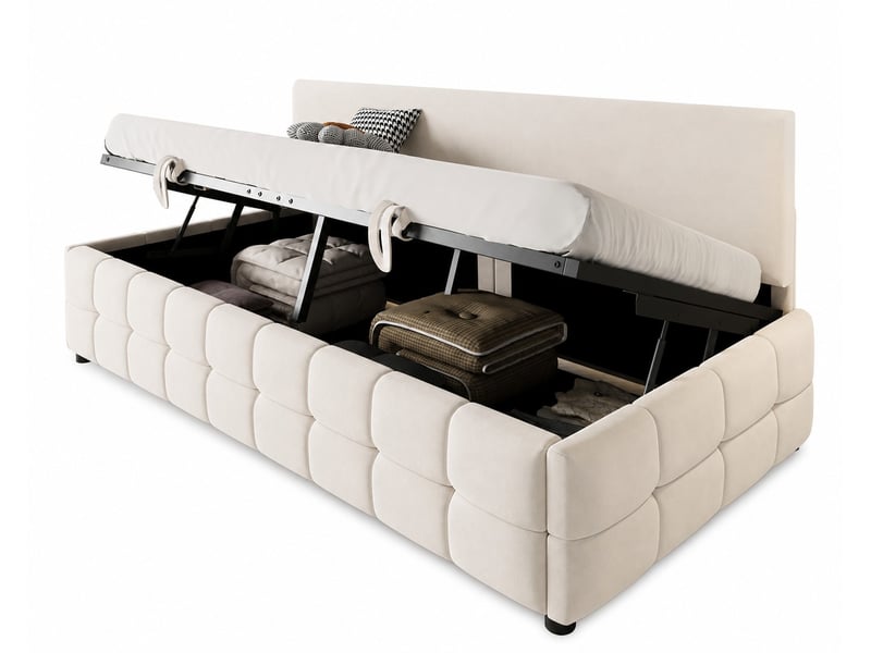  Lit coffre 90x200 cm, beige, mdf, levage hydraulique, dossier sans accoudoirs, sans matelas  - Conforama E