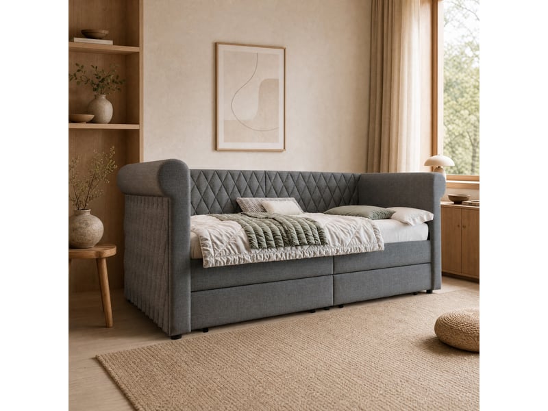 Lit banquette vintage 90x200 cm gris en tissu lin avec 2 tiroirs - Conforama B