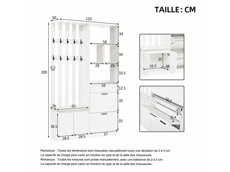  Vestiaire d’entrée avec banc rembourré, 10 patères et meuble à chaussures 120 x 30 x 200 cm, blanc  - Conforama E