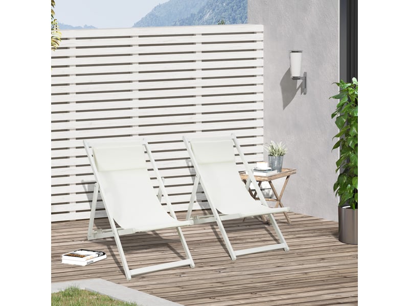  Ensemble de 2 chaises longues pliantes en aluminium avec dossier et appui-tête réglables sur 5 positions, 60 x 100 x 85 cm, blanc  - Conforama B