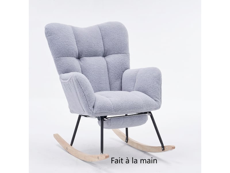  Fauteuil à bascule en tissu teddy gris avec repose-pieds extensible, chaise berçante relax moderne pour salon chambre  - Conforama A