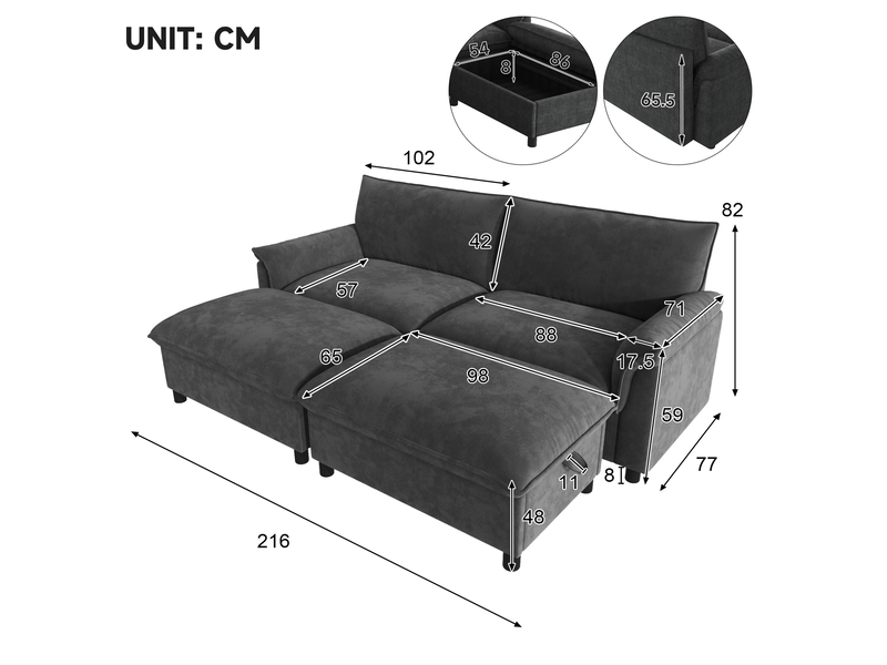 Canapé droit modulable 216x77x82 cm, dossier élevé, assise profonde et coffre ottoman amovible, chenille noir, pour le salon - Conforama C