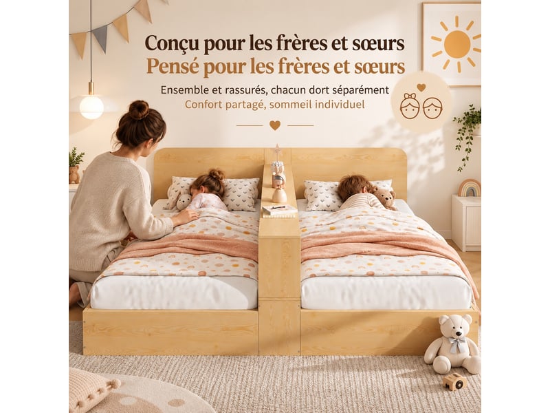  Lit double enfant avec 2 couchages 90 x 200 cm, séparation centrale et rangements latéraux, structure en bois naturel  - Conforama B