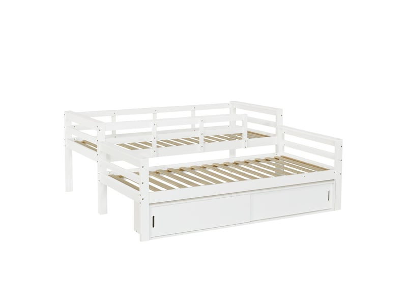 Lit superposé 90 x 200cm, séparable en 2 lits simples, rangement porte coulissante, échelle, barrières sécurité, blanc - Conforama E