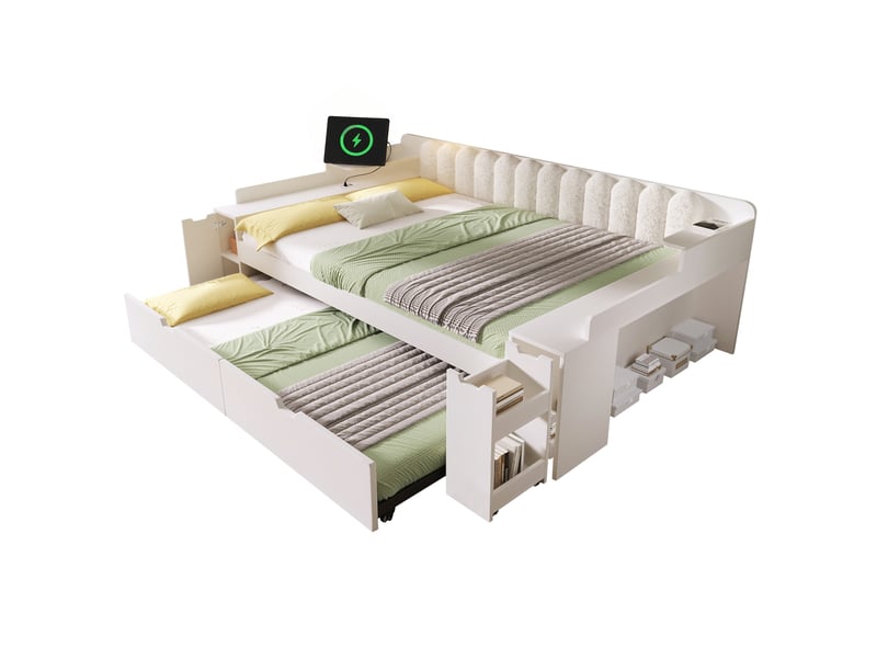 Lit gigogne 140x190 cm, couchage extractible 90x190 cm, station de charge usb-c, rangement latéral, dossier sherpa - blanc - Conforama A