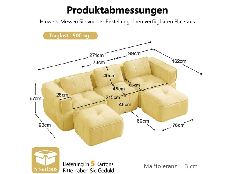  Canapé modulable en u 3 places avec 2 poufs, en polyester jaune  - Conforama C