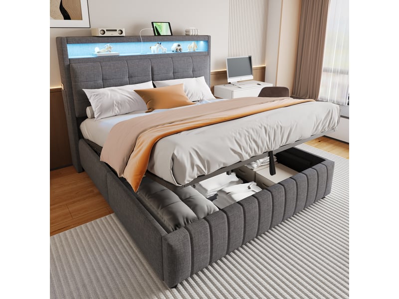 Lit coffre double 160×200 cm rangement hydraulique, led, usb et étagères - sans matelas, tissu gris - Conforama B