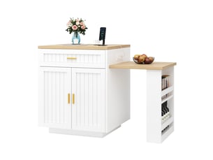 Îlot de cuisine extensible avec prise intégrée mdf et métal blanc 121.5-192 cm