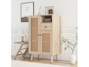 Buffet et enfilade avec 2 portes en rotin et 1 tiroir, pour salon, en panneaux de particules, chêne, 60 × 40 × 101 cm