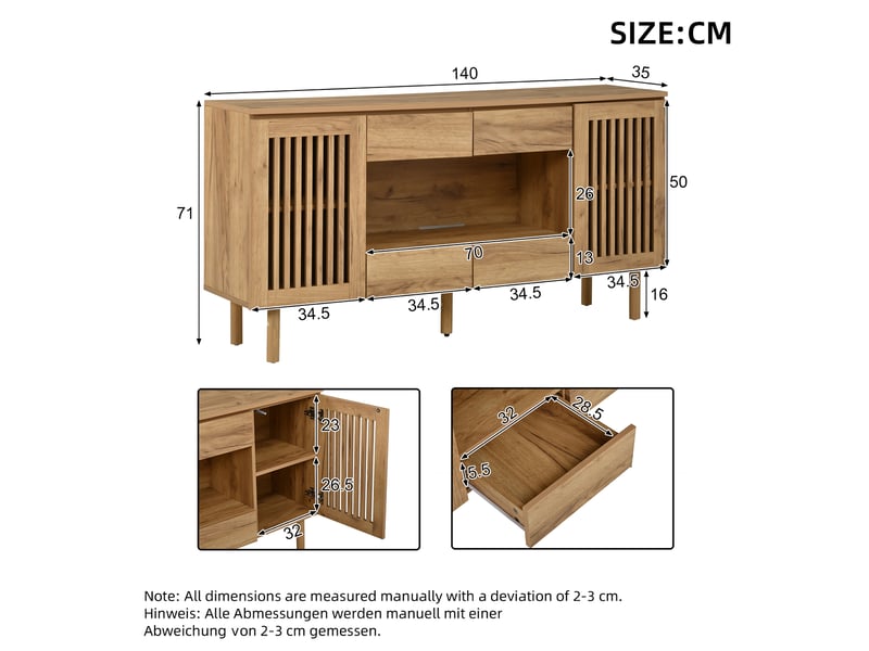  Buffet bas 140 x 35 x 71 cm en mdf avec 4 tiroirs et 2 portes à lamelles, teinte bois  - Conforama C