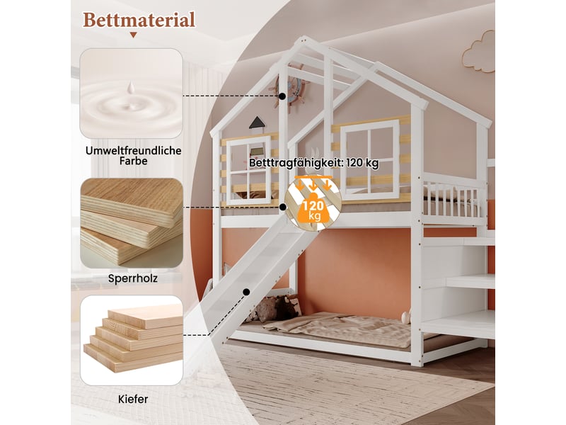  Lit cabane blanc 90x200 cm en bois massif, toboggan, échelle, toit à fenêtres et espace inférieur libre sans sommier  - Conforama D