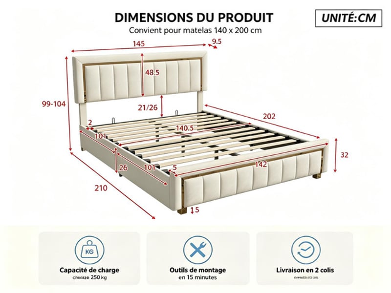 Lit coffre 140x200 cm ezssw, coloris beige - Conforama C