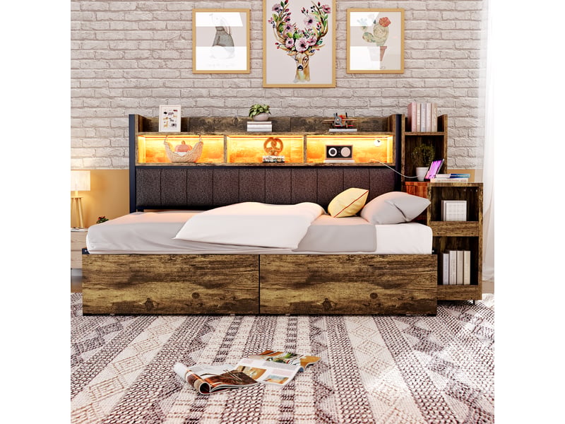  Lit avec rangement 90x200 cm coloris naturel led métal lit enfant naturel - Conforama D