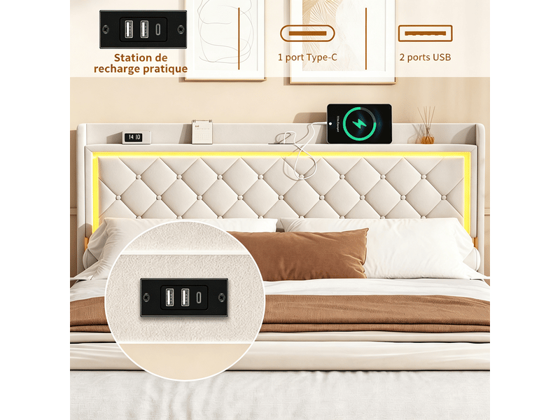  Lit double capitonné 160 x 200 cm velours beige avec sommier, 4 tiroirs, led et ports usbtype-c  - Conforama E