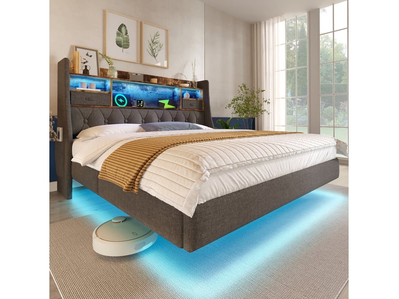  Lit double 140x190 cm avec led, rangements, ports usbtype-c, en lin gris  - Conforama E