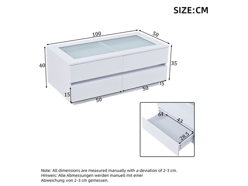  Table basse blanche moderne 100 x 50 x 40 cm, avec 4 tiroirs, éclairage led, plateau en verre trempé et façades brillantes. Table de salon robuste en panneaux de particules supportant une charge de 35 kg.  - Conforama C