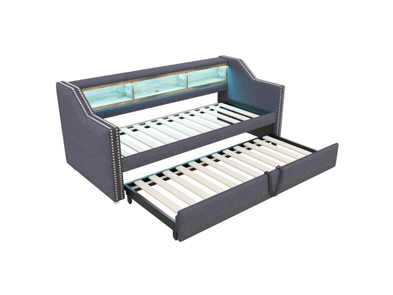  Sofa-lit capitonné 90 ou 180 x 190 cm, led et usb, coffre de rangement, sommier à lattes, coloris gris foncé confort  - Conforama A