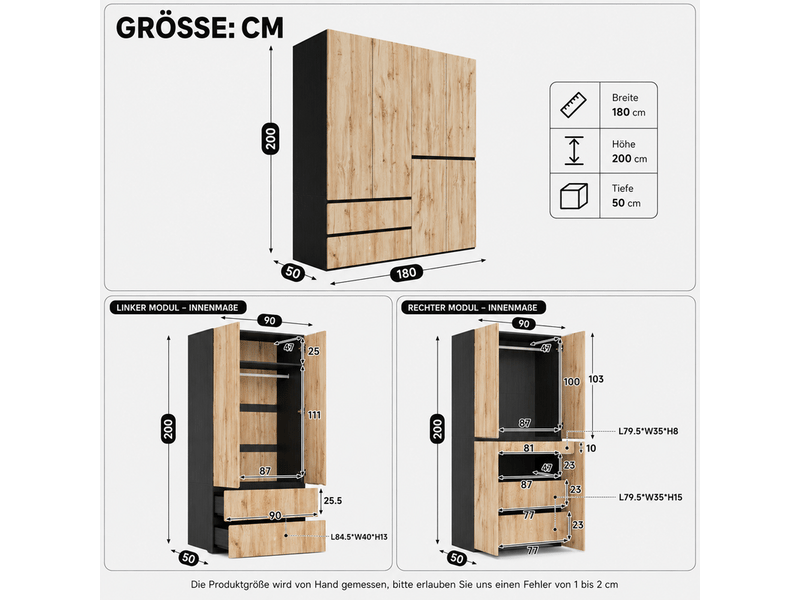  Armoire — chêne — 180 × 50 × 200 cm — 6 portes — 5 tiroirs  - Conforama C
