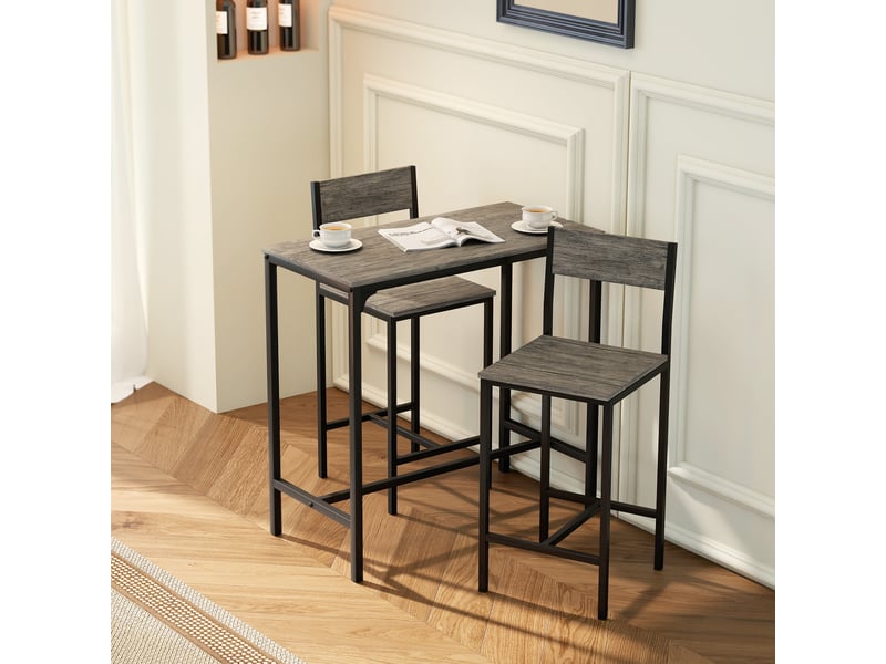  Ensemble table de bar avec tabourets, table à manger debout avec 2 chaises de bar, repose-pieds et dossiers, gris  - Conforama C