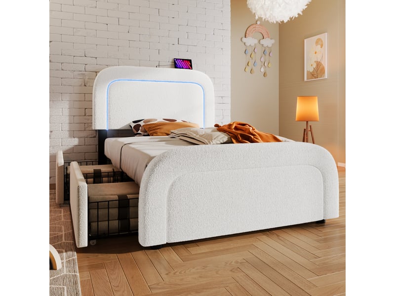  Lit coffre 140x200cm lit double 2 personnes lit rembourré avec app control led, fonction de recharge usb type c, gris (avec matelas)  - Conforama E