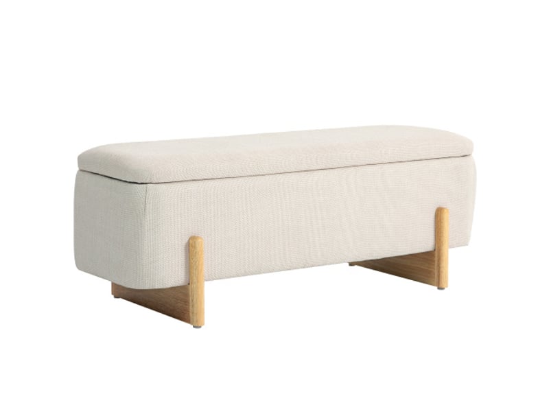  Banc coffre rembourré aspect lin avec rangement, pieds en bois et charnières de sécurité, salon et chambre  - Conforama A