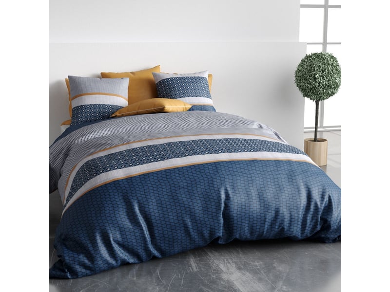  Parure housse de couette 260x240cm + 2 taies motif graphique bleu 100% coton - zoelia ZOELIA - Conforama B