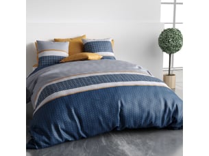 Parure housse de couette 260x240cm + 2 taies motif graphique bleu 100% coton - zoelia