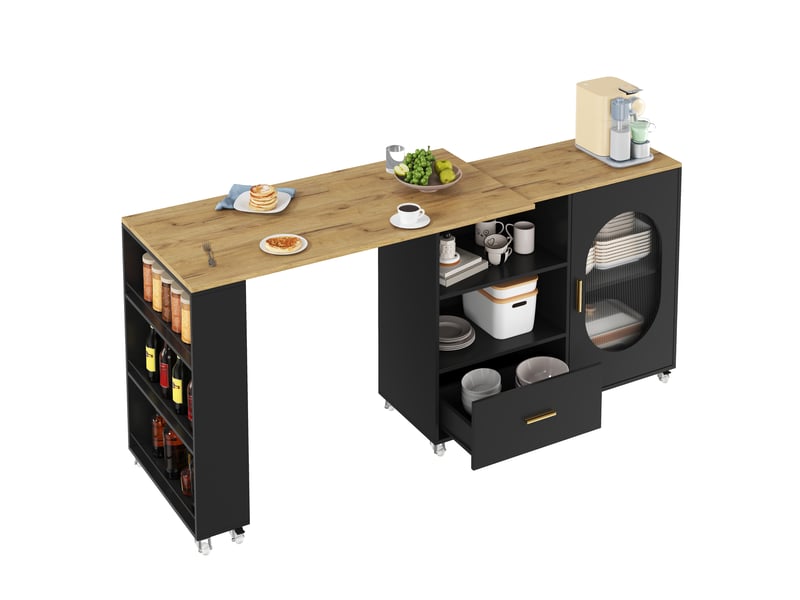  Desserte de cuisine sur roulettes avec plateau pivotant à 360°, tiroir, placard et étagères, en mdf noir et naturel  - Conforama A