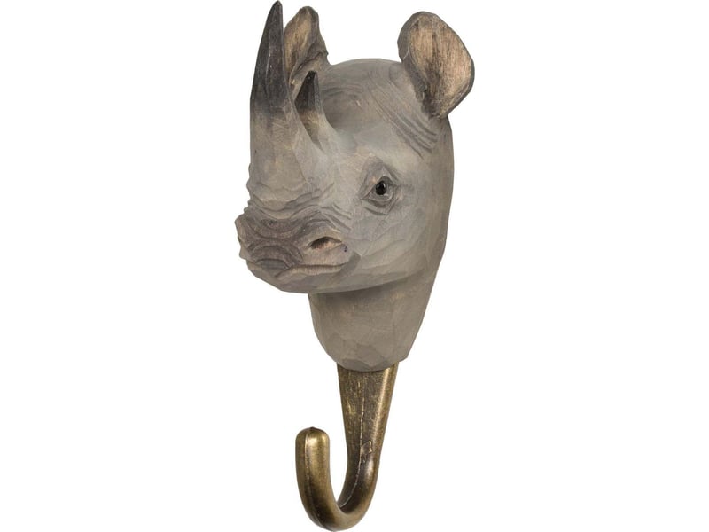  Patère animal en bois sculpté à la main et métal rhinocéros  - Conforama A