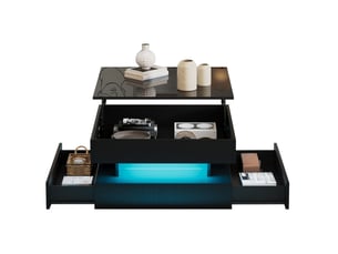 Table basse relevable carrée 65 x 65 x 38,5 cm, plateau 52,5 cm, 2 tiroirs, bande led, panneau particules, noir