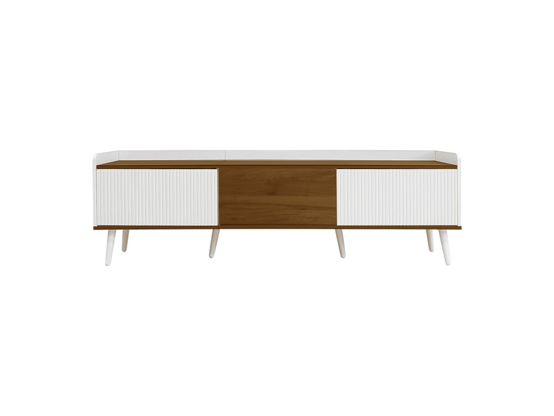  Meuble tv 160 cm avec 3 portes et bords surélevés - mdf et bois naturel - blanc et chêne  - Conforama W