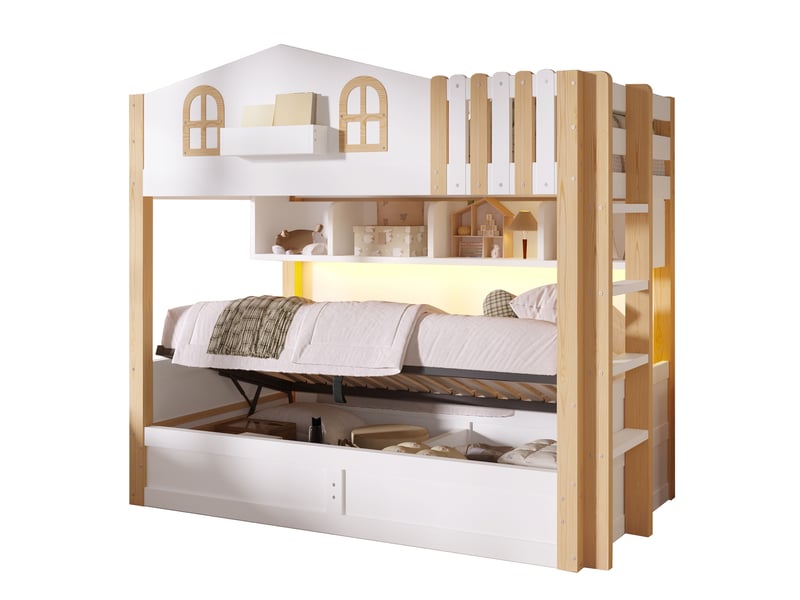  Lit superposé enfant 90x200 cm style maison avec rangement, coloris blanc et naturel  - Conforama A