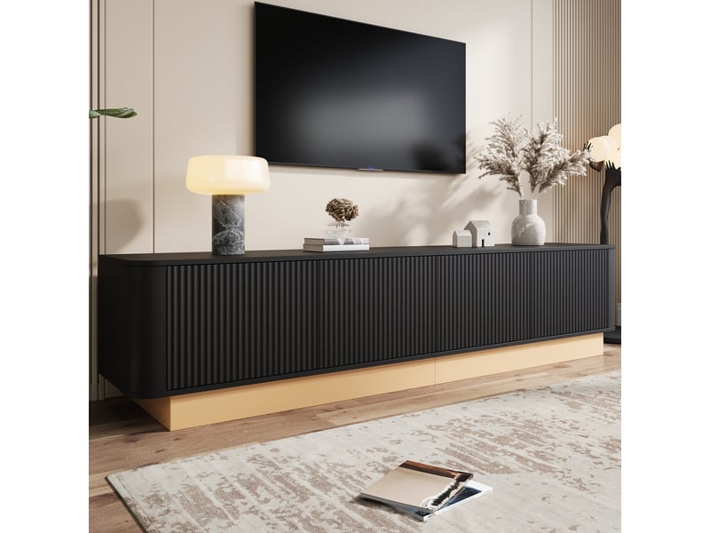  Meuble tv 200x40x47,5 cm, 4 portes, étagères réglables, passe-câbles, façades texturées, grand rangement pour salon - noir  - Conforama B