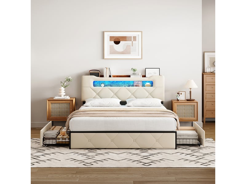  Lit 140x190, pocketpop, tête capitonnée led, 4 tiroirs, 2 usb + type-c, sommier à lattes, velours beige  - Conforama B