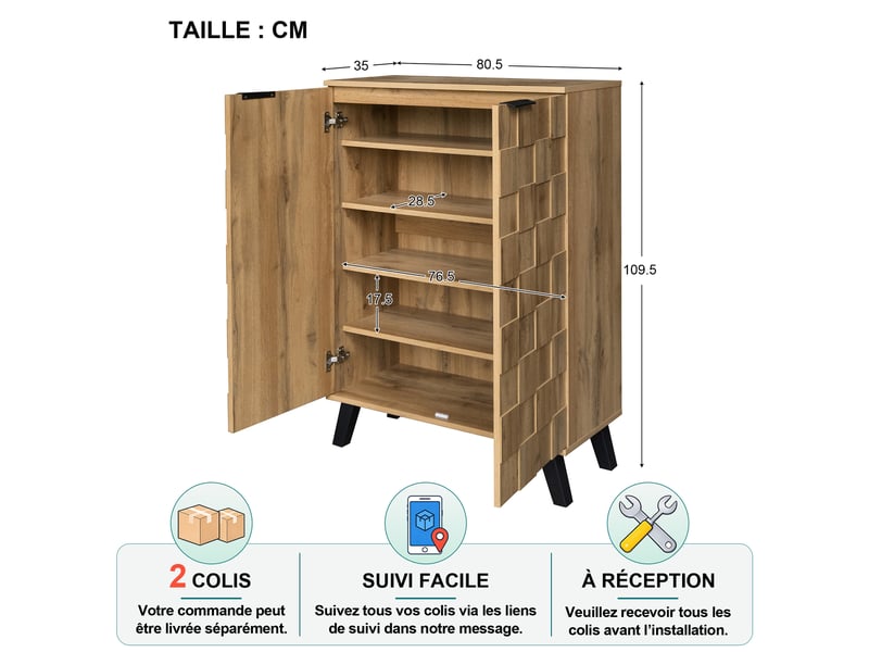  Meuble à chaussures avec 5 compartiments et 4 étagères réglables, charnières amorties pour entrée, 80,5×35×109,5 cm  - Conforama D