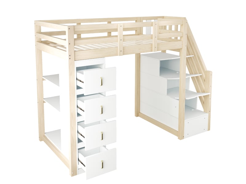  Lit mezzanine en bois, lit simple avec 4 tiroirs, 3 étagères et échelle, 200x90 cm, sans matelas  - Conforama E