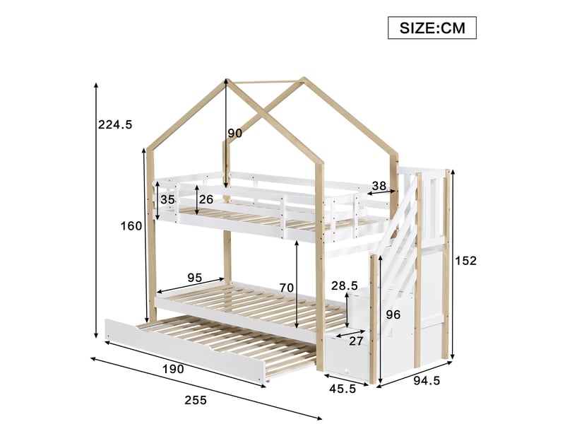 Lits superposés enfant avec lit gigongne, lit cabane 90x200 cm, tiroirs, sommiers, bois+mdf, blanc+naturel - Conforama C