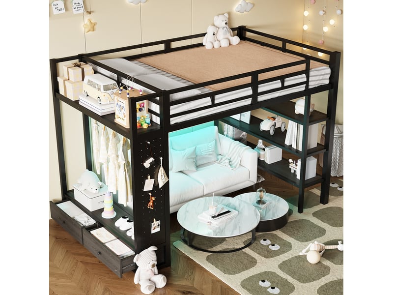 Lit mezzanine avec led 140x200 cm, lit enfant, penderie ouverte, tiroirs, rangement, métal et mdf, noir sans matelas  - Conforama D