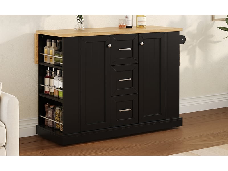  Îlot de cuisine mobile avec plateau rabattable et roulettes freinées - lpospi - 3 tiroirs mdf noir 120 × 70 × 90 cm  - Conforama E