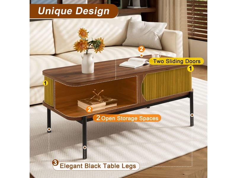  Table basse avec rangement 100 x 45 x 43 cm rangement intégré portes coulissantes structure rainurée plateau en mdf pieds en métal noir  - Conforama D