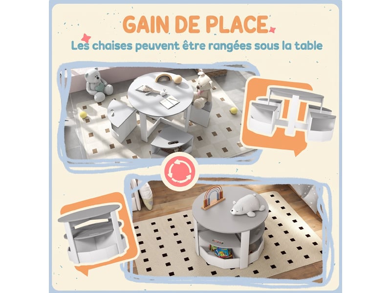  Table enfant avec 4 chaises 5 pièces avec rangement, ø 78 x 49 cm, cadeau pour fille garçon 3-8 ans, gris  - Conforama E