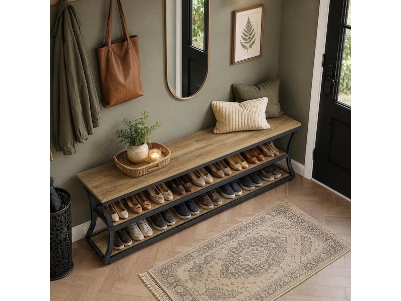  Banc d'entrée de 160 cm de long, banc à chaussures industriel extra-long à 3 niveaux avec structure en métal, étagère à chaussures ouverte offrant un grand espace de rangement pour l'entrée ou le couloir.  - Conforama D