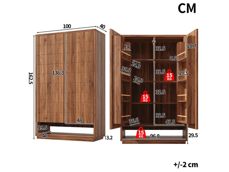 Buffet haut à 2 portes 100x40x162,5 cm, 8 compartiments ouverts, ouverture par pression, mdf et métal, couleur marron - Conforama C