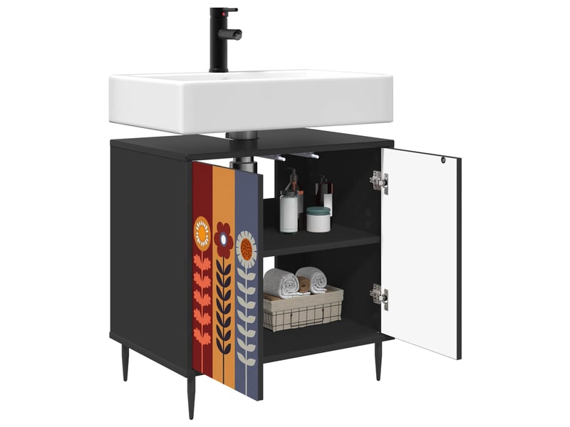  Armoire de salle de bain, meuble de rangement essen chêne noir 60x40x61 cm  - Conforama C