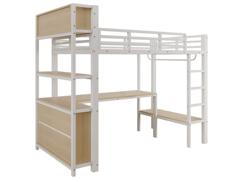 Lit mezzanine 90x200 avec bureau, penderie et étagères, lit surélevé métal blanc pour enfant et adolescent, sans matelas - Conforama W