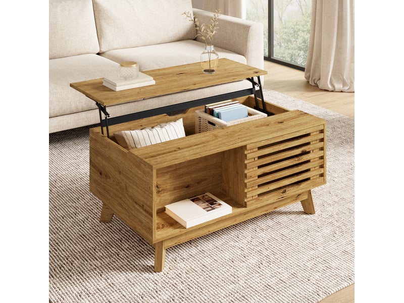  Table basse tcqpz relevable avec rangement 90 x 55 cm mdf naturel style rétro moderne  - Conforama B