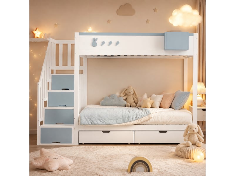  Lit superposé enfant 90x200 avec rangements blanc et bleu evryae  - Conforama B