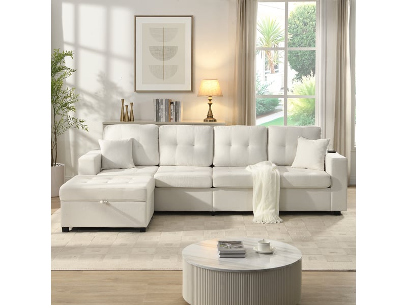 Canapé modulable 4 places beige en tissu 253 x 144,5 x 80,7 cm avec pouf coffre, rangements, usb-c et led salon ZR20634B - Conforama B